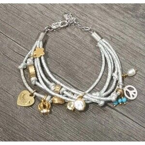 Juicy Couture Heart Real Pearl Crown Charm Silver Tone Multi Strand Bracelet